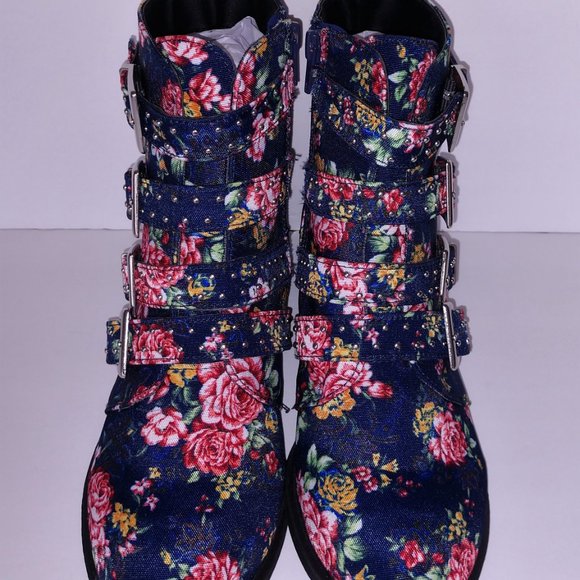 Qupid Rose Print Blue Denim Ankle Boots Buckles 5.5 - 10 - Picture 8 of 11